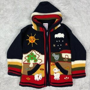 Kids Handmade‎ Peruvian Sweater Full Zip Hood Embroidery Felt Appliqué Animals 4